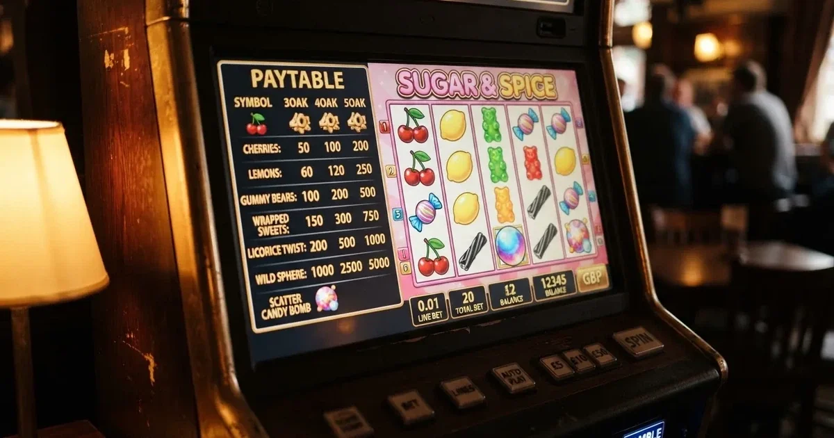 A slot game screen with a paytable panel open beside a grid of fruit-and-candy-themed symbols.
